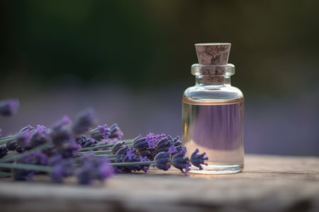Fragrant Lavender Essential Oil in small transparent glass Bottle on a wooden surface next to fresh Lavandula Flowers, field background.の素材