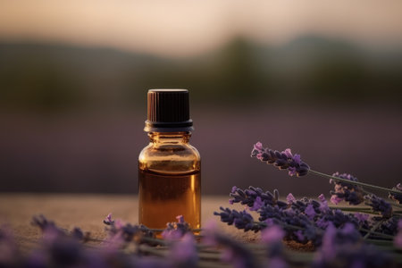 Fragrant Lavender Essential Oil in small brown glass Bottle on a wooden surface next to fresh Lavandula Flowers, field background.の素材