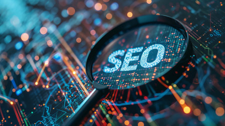 SEO sign seen through a magnifying glass over a vibrant circuit board, web analytics and keywords research in search engine optimization and digital marketing concept.の素材