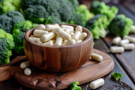 A bowl of natural supplement capsules with fresh broccoli on dark wooden background. Indole 3 carbinol is a plant compound from cruciferous vegetables seeds extract.の素材