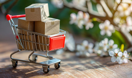 Mini shopping cart with cardboard boxes, cherry blossom flowers background with space for text, for e-commerce, spring sales promotions, delivery service.の素材