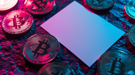 A mock-up blank card with space for text or logo surrounded by Bitcoin crypto coin in neon light, concept for cryptocurrency promotions or digital finance advertisingの素材