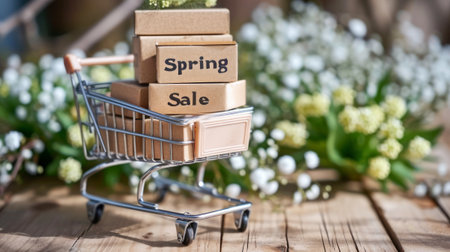 Miniature shopping trolley with Spring Sale sign on cardboard boxes on a wooden surface, surrounded by white flowers, concept of seasonal discounts.の素材