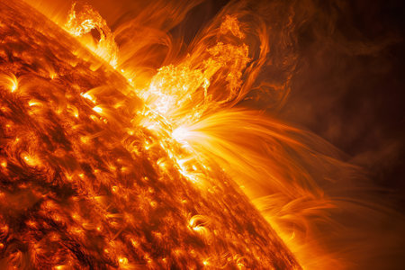 abstract scene of the planet with fire and smoke on a black backgroundの素材