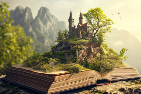 Fairytale castle and magical forest on an open book pages, concept of fantasy literature for children, reading and imagination.の素材
