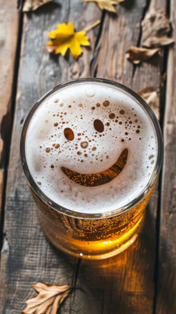 Beer Glass with a Smile on the Foam, Happy Face on Amber Beer Head on Wooden Table in a Pub or Bar, background with space for text. Good mood, celebration, party concept.の素材