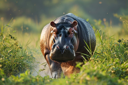 Huge powerful hippopotamus looking at camera, hippo in grass in natural habitat, danger concept, suitable for wildlife conservation and safari themes.の素材