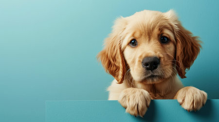 A charming Golden Retriever puppy close-up portrait on blue background, banner with copy space for text, concept of pet adoption, dogs care, or training.の素材