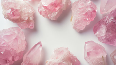 Rose quartz rough crystals frame on white background with center copy space, beautiful shiny pink gemstones close-up backdrop. Concepts of spirituality and healing, for gems and minerals stores.の素材