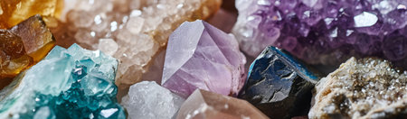 Vibrant collection of rough gemstones and crystals, like amethyst, aquamarine and citrine, elegant banner for minerals store advertising.の素材