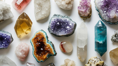 Vivid collection of various crystals and gemstones, including amethyst, citrine, and aquamarine, beautifully arranged on white background.の素材