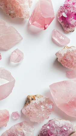 Rose quartz rough crystals frame on white background with center copy space, beautiful shiny pink gemstones close-up. Spirituality and healing, for gems and minerals stores social media ads.の素材