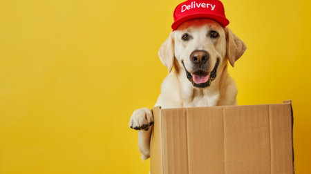 Happy Labrador Retriever in a red cap with Delivery sign, holds cardboard box package on yellow background with copy space. Funny dog postman or courier. Pet products online shopping.の素材