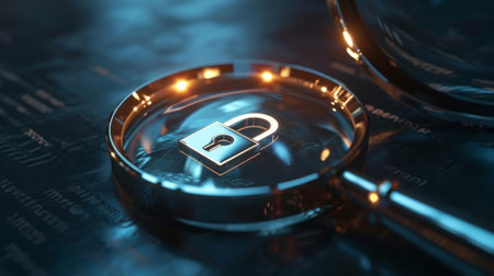 Magnifying glass focus on a padlock icon, against a motherboard dark blue background, concept of Https encrypted connection with SSL certificate, secured Internet browsing and safe searching.の素材