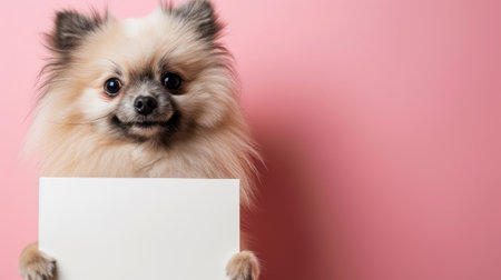 Orange Pomeranian Spitz dog holds a blank white sign mock-up on a pink background with copy space. Template for grooming salon or pet store advertising.の素材