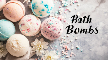 Bath bombs collection with text overlay on marble background with sprinkles and flowers. Concepts of natural organic skincare, for homemade beauty products shops.の素材