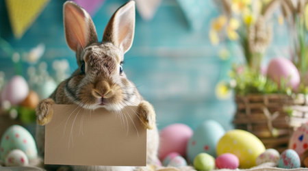 Cute Easter bunny holds a blank sign, paper note mock-up on spring flowers and painted Easter eggs blue background with space for text for a festive holiday message or invitation.の素材