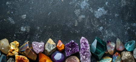 Banner with different colorful rough and polished gemstones and crystals, on dark concrete background with copy space for minerals and semi precious stones shops.の素材