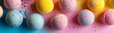 Vibrant collection of multicolored bath bombs banner, pastel background with sprinkles, concept of joy and fun in self-care routines, for natural handmade cosmetics stores.の素材