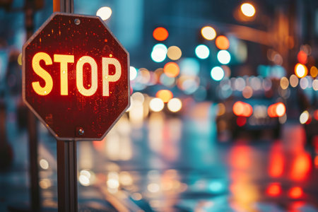 Red stop sign sparkling at night with bokeh city lights in the background, suitable for concepts of traffic control, city life or take a break concept.の素材