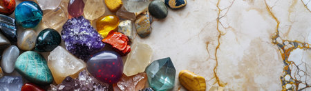 Vibrant collection of rough and polished gemstones and crystals, like amethyst and citrine, on white marble background with copy space, elegant banner for minerals store advertising.の素材