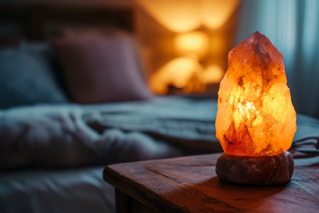 Warm glow of Himalayan salt lamp on wooden bedside table, soft focus on cozy bedroom background, perfect for wellness and home decor themes. Cope space for text.の素材