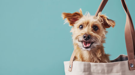 Happy small dog in a tote bag on blue background with copy space, concept of travel with a puppy on holidays and pets adoption instead of buyingの素材