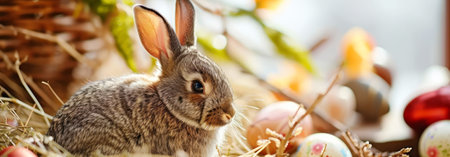 A charming rabbit nestled among colorful Easter eggs and straw, with soft warm lighting enhancing the festive mood, banner with space for text for Easter, springtime, and holiday-themed designsの素材