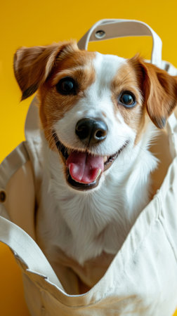 Jack Russell Terrier in a white tote bag on yellow background, concept of travel with dog on holidays and and pets adoption instead of buying.の素材