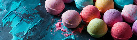Vibrant bath bombs banner, multicolored collection on textured dark blue background with space for text, concept of joy in self-care and wellness, for natural handmade cosmetics stores.の素材