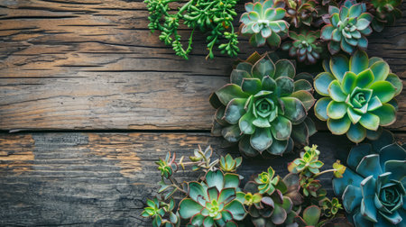 Succulents collection frame with copy space for text on dark rustic wooden background, mock-up for plant stores and home gardening messages.の素材