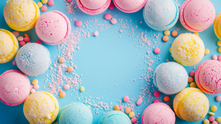 Vibrant bath bombs frame, multicolored collection on blue background with space for text, concept of joy in self-care and wellness, for natural handmade cosmetics stores.の素材