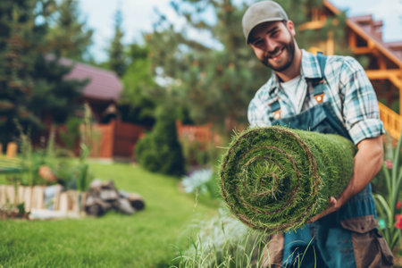 Roll of sod or turf, grass seed mat for lawn installation held by a gardener with a Summer garden background with copy space. Landscaping and gardening services, outdoor work conceptsの素材