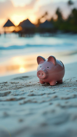 Piggy Bank on the Sandy Beach at Sunset, Sea and Tropical Resort Background with Copy Space for Text. Savings for Vacation, Summer Holidays, Traveling on budget and Retirement Plan concept.の素材