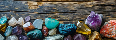 Various colorful rough and polished gemstones and crystals collection, on wooden background with copy space, frame banner for minerals store promo.の素材