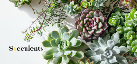 Succulents sign next to mix of various succulents, flat lay on white background, banner for plant stores.の素材