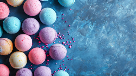 Many bath bombs, multicolored organic collection on dark concrete background with space for text, for natural handmade cosmetics storesの素材