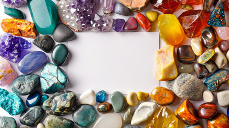 Diverse collection of polished gemstones and crystals luxury background with a blank white mock-up card with space for text or design. Template for gems shops. Features amethyst, aquamarine, citrine.の素材
