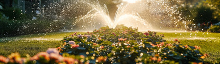 Automatic sprinkler system waters vibrant flower beds and lush green grass at sunset, banner for gardening and eco-friendly conceptsの素材