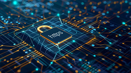 Https sign on padlock icon on a blue circuit board background, SEO term for a safe encrypted connection on Internet with SSL certificate. Secure browsing and online safety concept.の素材