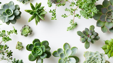 Succulents mix collection frame with centre copy space for text on white background, banner for houseplant stores messages.の素材