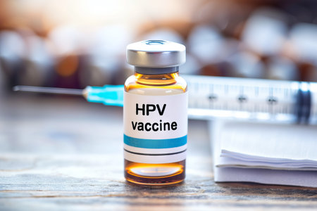 HPV vaccine vial with syringe and medical background, focus on label, for health campaigns on human papillomavirus prevention and cancer awareness.の素材