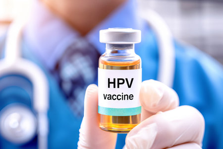 HPV vaccine vial close-up in hand of a medical professional, a vital immunization shot against the human papillomavirus.の素材