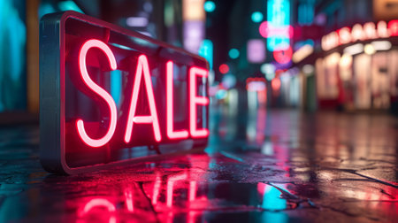 Glowing neon Sale sign on wet city street at night, urban shopping promotionの素材