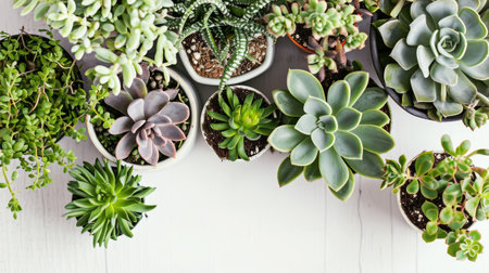 Collection of various succulents mix in pots, floral frame top view with copy space on white background, concept of gardening and interior.の素材