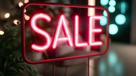 Sale neon sign in red against a blurred store background with warm bokeh lights, concept of retail promotions and shopping discounts seasonの素材