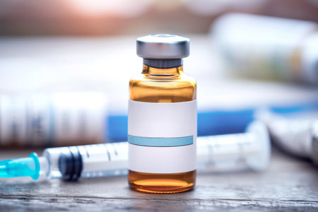 Vaccine vial with white blank label mock-up for text and syringe on blurred background, for medical and healthcare concepts, flu vaccination campaigns.の素材