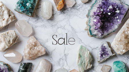 Assorted precious gemstones and crystals, including amethyst and quartz, form a luxurious frame around a Sale sign on a marble background, perfect for mineral stores discounts.の素材