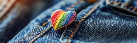 LGBT Flag Badge, banner with Rainbow Heart shaped Pin on blue Jeans close-up, space for text. LGBTQ Pride month celebration concept.の素材
