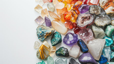 Gemstones, various colorful rough and polished crystals, on white background with copy space for minerals and semi precious stones shops.の素材